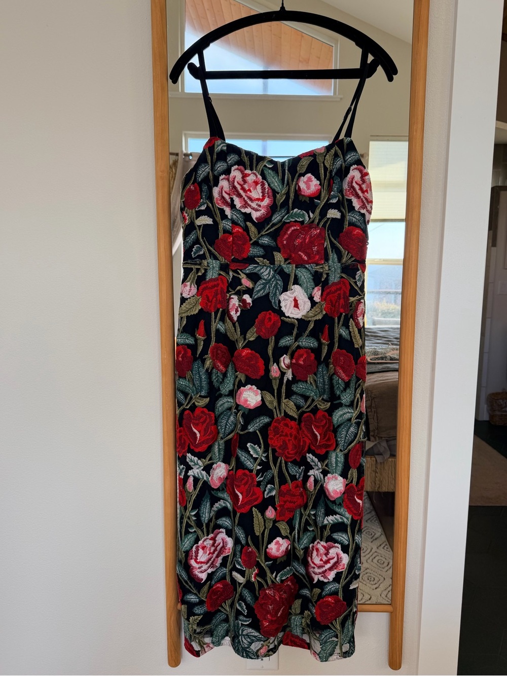 Lulus Floral Embroidered Black Slip Dress with Red Roses
